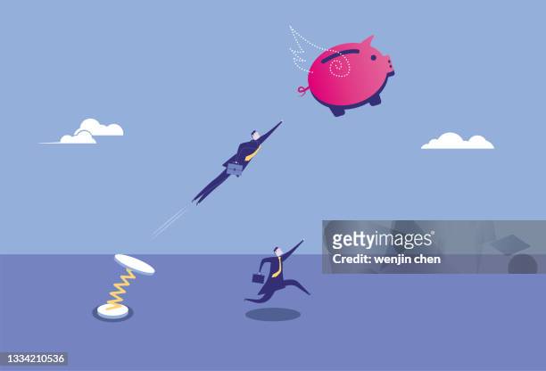 the spiral spring helped one of the business men catch the flying piggy bank - abzeichen stock illustrations