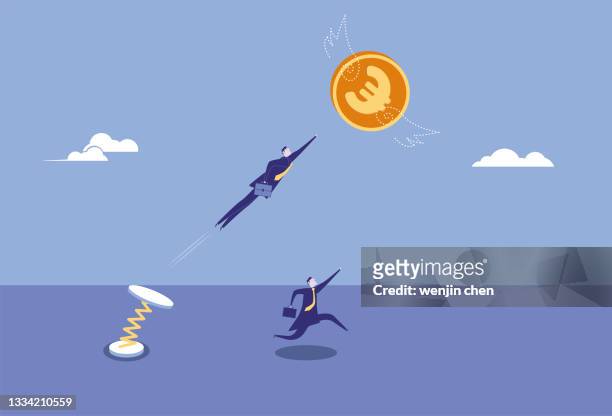 the spiral spring helped one of the business men catch the flying euro currency - abzeichen stock illustrations