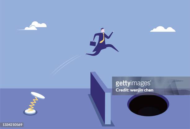 the spiral spring helps the business man jump over obstacles and fall into the trap. - abzeichen stock illustrations