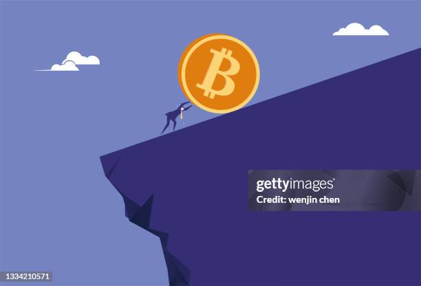 the business man pushes bitcoin hard on the cliff - challenge coin stock illustrations