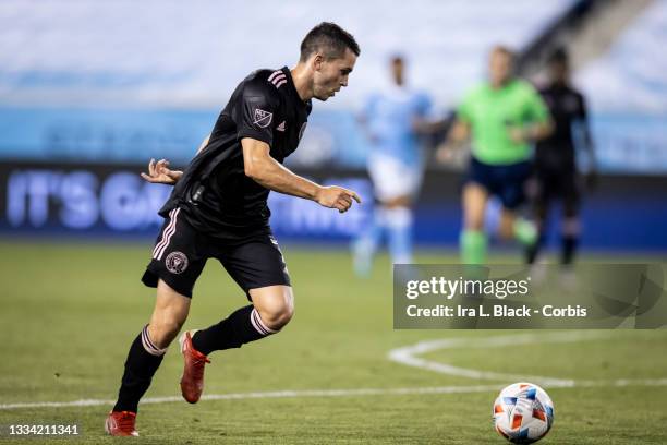 Lewis Morgan of Inter Miami lines up the shot on goal in the first half of the match against the New York City at Red Bull Arena on August 14, 2021...