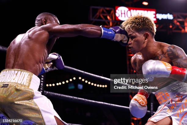 Guillermo Rigondeaux fights John Riel Casimero during their WBO Bantamweight title 12 round bout at Dignity Health Sports Park on August 14, 2021 in...