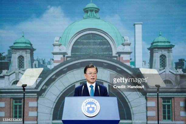 In this handout image provided by South Korean Presidential Blue House, South Korean President Moon Jae-in speaks during the celebration of the 76th...