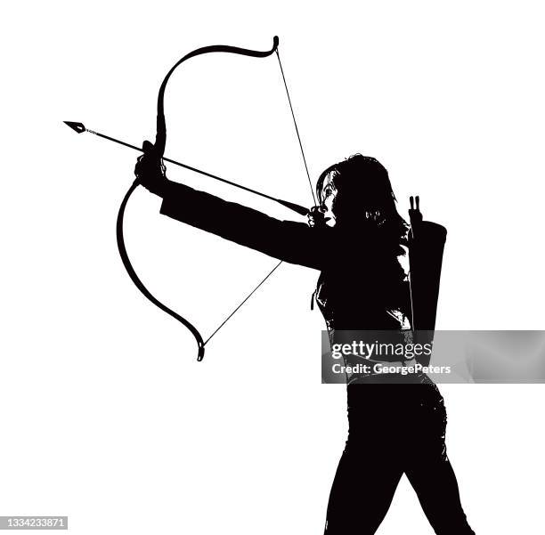 adult woman aiming bow and arrow - bow arrow stock illustrations