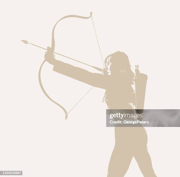 ilustrações, clipart, desenhos animados e ícones de mulher adulta mirando arco e flecha - hunting longbow