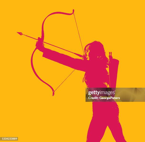 adult woman aiming bow and arrow - archery bow stock illustrations