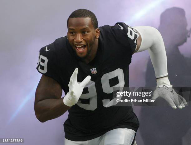 Defensive end Clelin Ferrell of the Las Vegas Raiders is introduced before a preseason game against the Seattle Seahawks at Allegiant Stadium on...