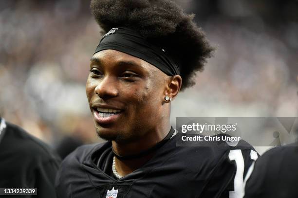 Wide receiver Henry Ruggs III of the Las Vegas Raiders walks off the field before a preseason game against the Seattle Seahawks at Allegiant Stadium...