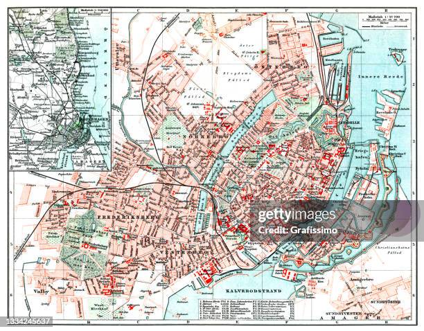 bildbanksillustrationer, clip art samt tecknat material och ikoner med map of copenhagen capital of denmark 1898 - map copenhagen