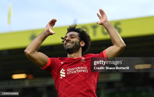 Mohamed Salah of Liverpool reacts during the Premier League match between Norwich City and Liverpool at Carrow Road on August 14, 2021 in Norwich,...