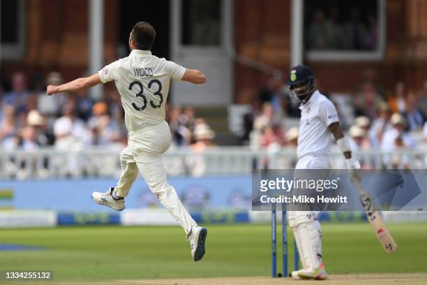 Mark Wood of England celebrates after dismissing KL Rahul of India during the Second LV= Insurance Test Match: Day Four between England and India at...