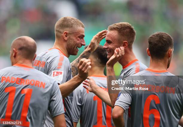 Felix Platte of SC Paderborn celebrates with team mates after scoring their side's second goal during the Second Bundesliga match between SV Werder...