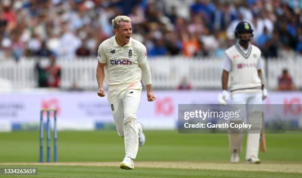 Sam Curran of England celebrates dismissing India captain Virat Kohli during day four of the Second LV= Insurance Test Match between England and...