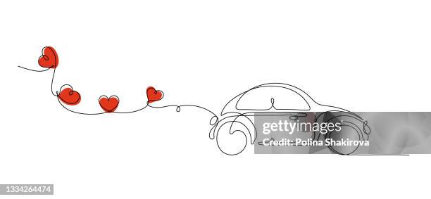 ilustraciones, imágenes clip art, dibujos animados e iconos de stock de dibujo continuo de líneas de un coche de bodas. - automoviles