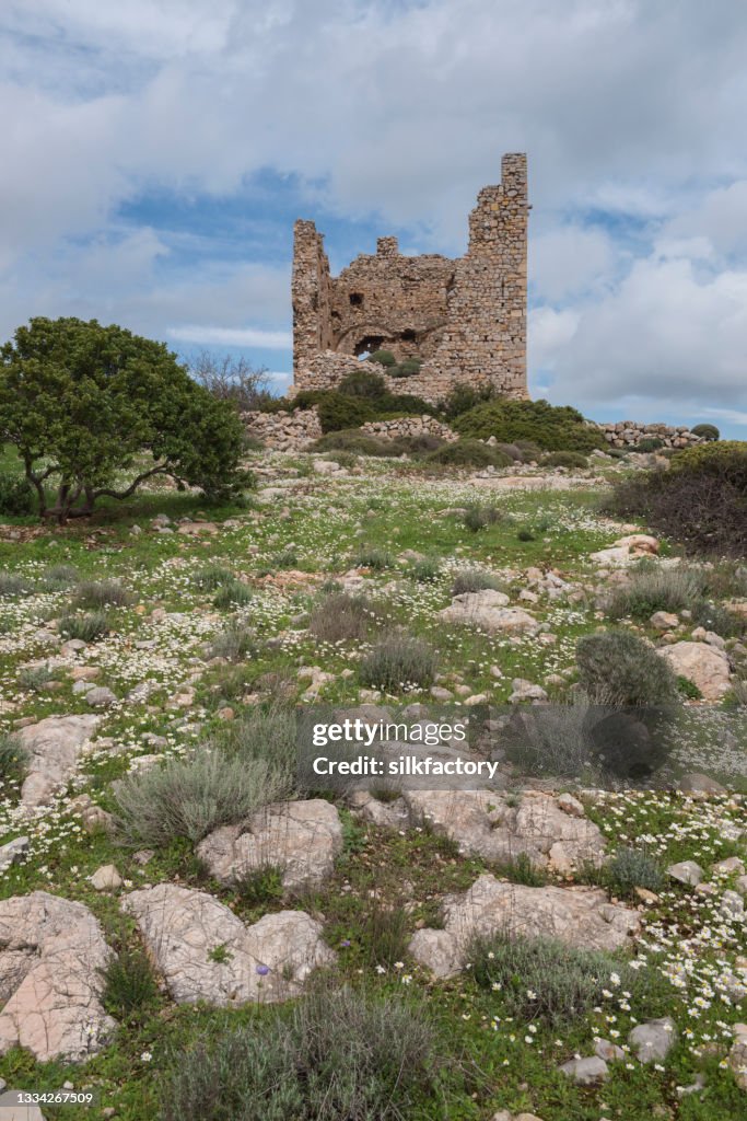 Ruinen des verlassenen Dothia-Turms in der Nähe des Dorfes Emporios auf der griechischen Insel Chios im Frühling