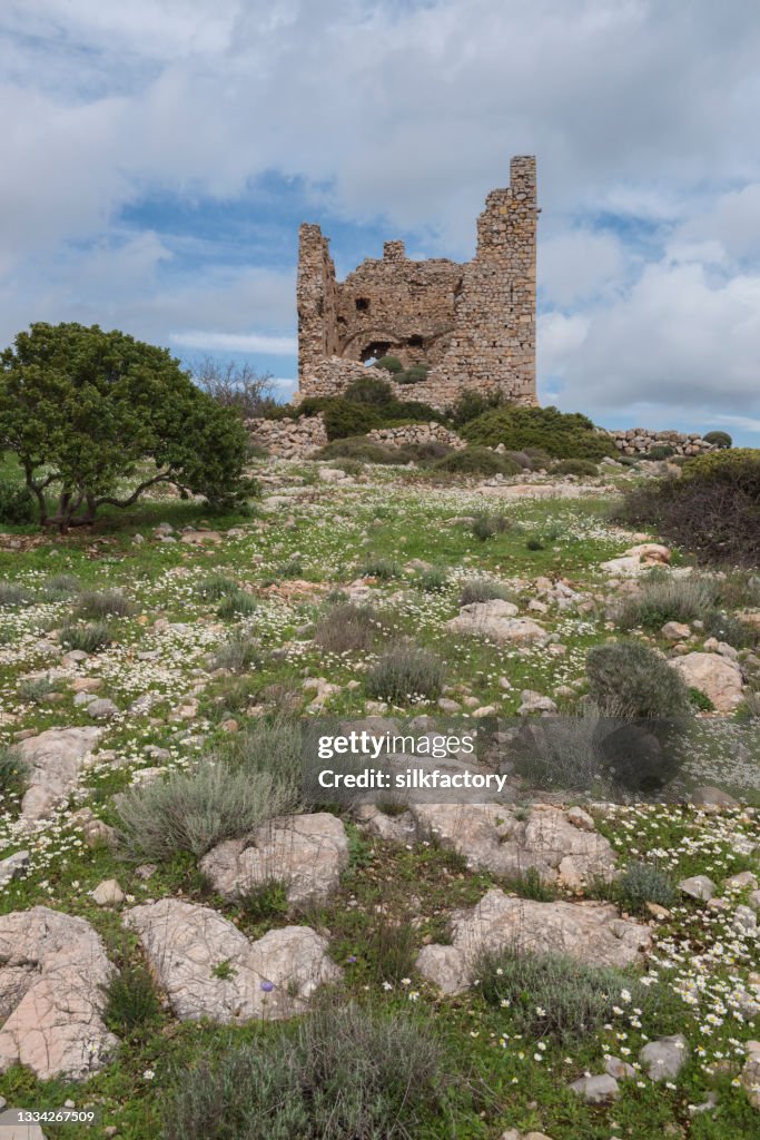 Ruins of the abandoned Dothia tower near Emporios village on Greek Island of Chios in springtime