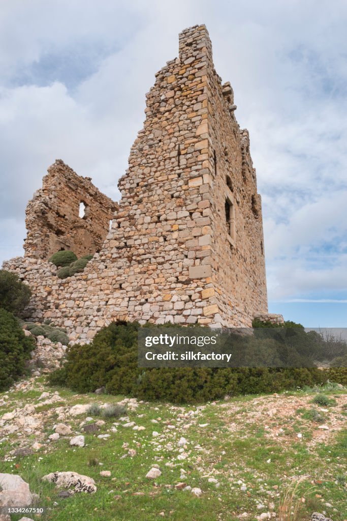 Ruins of the abandoned Dothia tower near Emporios village on Greek Island of Chios in springtime