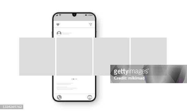 smartphone with carousel interface post on social network. social media design concept. vector illustration. - social media stock illustrations