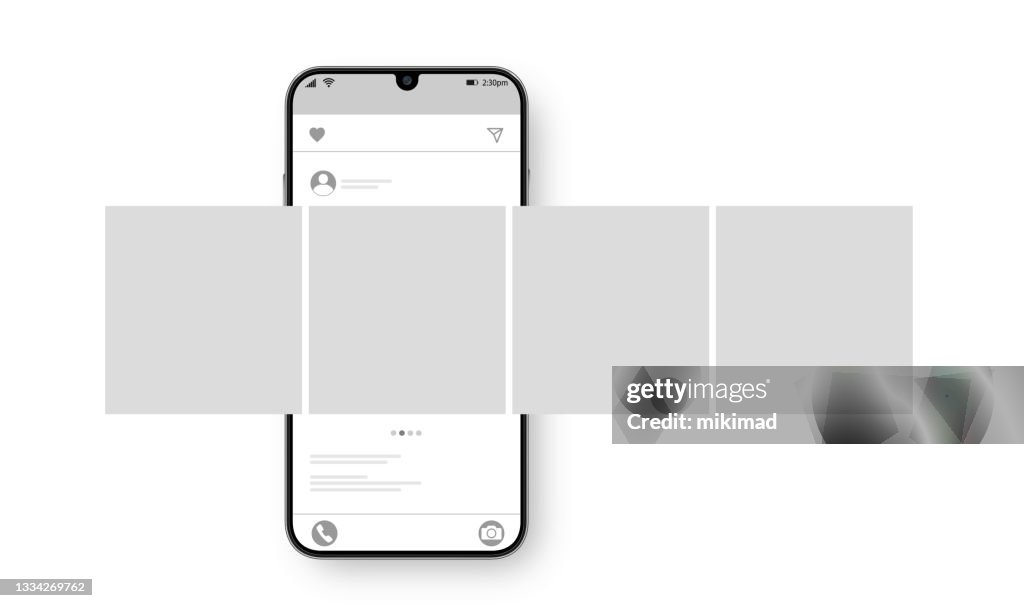 Smartphone with carousel interface post on social network. Social media design concept. Vector illustration.