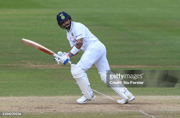 India batsman Virat Kohli in batting action during day four of the Second Test Match between England and India at Lord's Cricket Ground on August 15,...