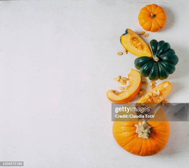 variety of sliced pumpkins on white background - squash seeds stock-fotos und bilder