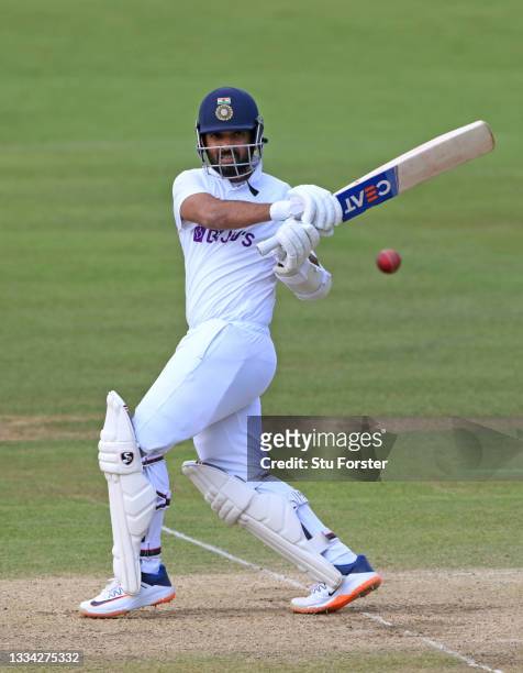 India batsman Ajinkya Rahane hits out during day four of the Second Test Match between England and India at Lord's Cricket Ground on August 15, 2021...
