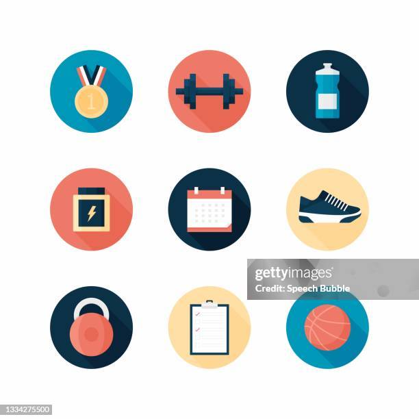 ilustraciones, imágenes clip art, dibujos animados e iconos de stock de conjunto de iconos de diseño plano de fitness. - barra de cereal