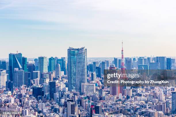 aerial view of tokyo skyline, japan at day time. - barrio de minato fotografías e imágenes de stock