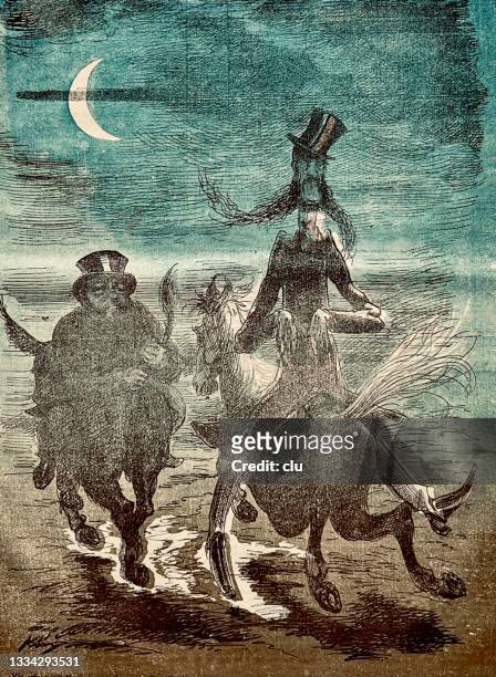 two men, similar to don quixote, ride horses backwards, holding the tails - head back stock illustrations
