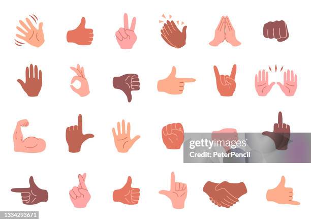 ilustrações de stock, clip art, desenhos animados e ícones de hand emoji icon set. hands gestures. hand emoticons. vector illustration. hello, thumb up, waving, applause, handshake, etc - polegar para baixo