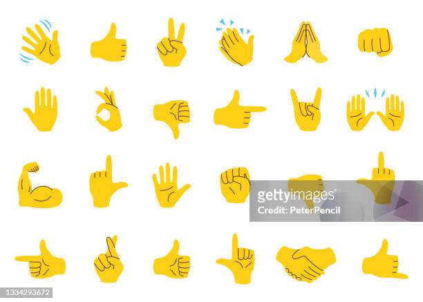 illustrazioni stock, clip art, cartoni animati e icone di tendenza di set di icone emoji a mano. gesti delle mani. emoticon a mano. illustrazione vettoriale. ciao, pollice in su, ondeggiamento, applausi, stretta di mano, ecc - mano