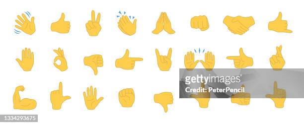 ilustraciones, imágenes clip art, dibujos animados e iconos de stock de conjunto de iconos de emojis de mano. gestos con las manos. emoticonos de mano. ilustración vectorial. hola, pulgar arriba, agitación, aplausos, apretón de manos, etc - botón me gusta