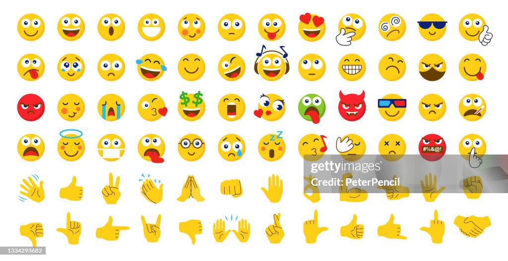 Emoji Icon Set. Emoticons. Hands. Smile colllection. Emotions. Funny Cartoon. Hand Gestures. Social Media. Smile, Crying, Sad, Angry, Joyful, Hello, Like, Handshake, etc