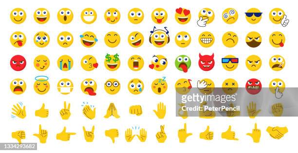 emoji icon set. emoticons. hands. smile colllection. emotions. funny cartoon. hand gestures. social media. smile, crying, sad, angry, joyful, hello, like, handshake, etc - instant messaging stock illustrations