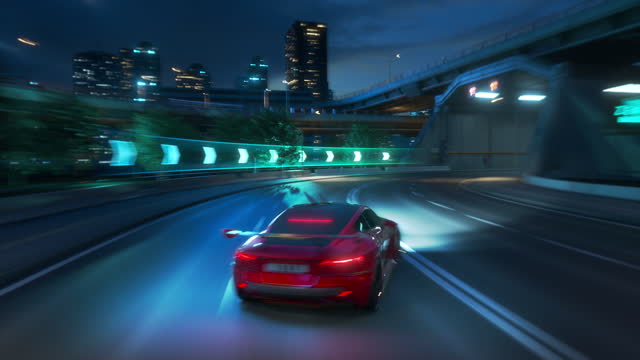 Gameplay of a Racing Simulator Video Game with Interface. Computer Generated 3D Car Driving Fast and Drifting on a Night Highway in a Modern City. VFX Animation. Third-Person View.