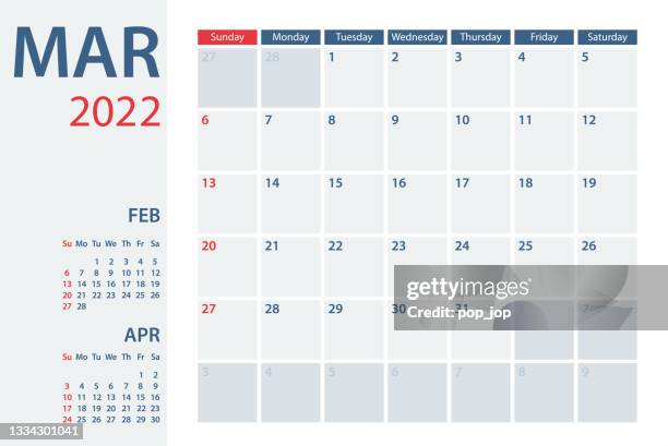 bildbanksillustrationer, clip art samt tecknat material och ikoner med 2022 march calendar planner vector template. week starts on sunday - månad