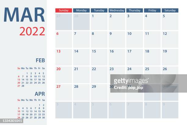2022 march calendar planner vector template. week starts on sunday - monday stock illustrations