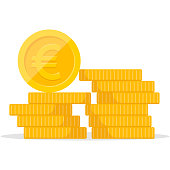 Stack of coins. Pile of gold coins. Golden penny cash pile, treasure heap. Vector illustration.