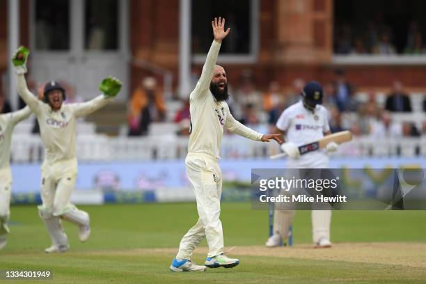 Moeen Ali of England appeals successfully for a catch behind off Ajinkya Rahane of India during the Second LV= Insurance Test Match: Day Four between...