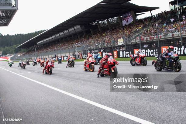 The MotoGP riders start from the grid during the MotoGP race during the MotoGP of Austria - Race at Red Bull Ring on August 15, 2021 in Spielberg,...