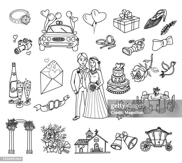 wedding doodle set - wedding cake stock illustrations