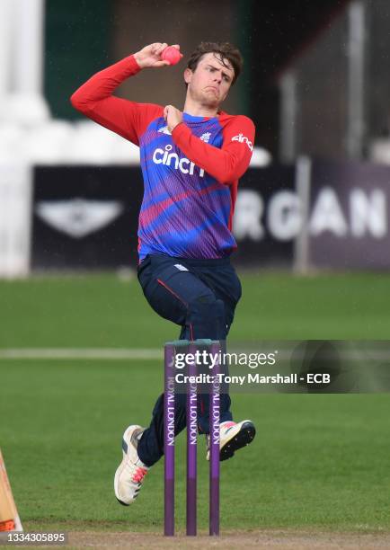 James Nordin of England bowls during the England Disability T20 match at New Road on August 08, 2021 in Worcester, England.