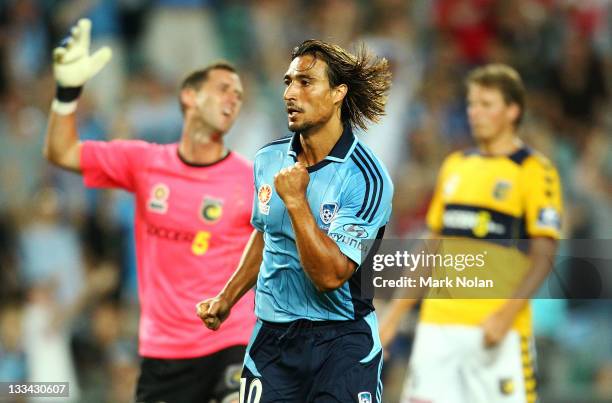 Nick Carle of Sydney celebrates his goal during the round seven A-League match between Sydney FC and the Central Coast Mariners at Sydney Football...