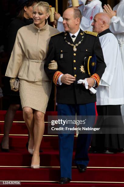 Prince Albert II of Monaco and Princess Charlene of Monaco leave the Cathedrale Notre-Dame Immaculee after attending a mass as part of Monaco...