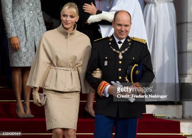 Prince Albert II of Monaco and Princess Charlene of Monaco leave the Cathedrale Notre-Dame Immaculee after attending a mass as part of Monaco...