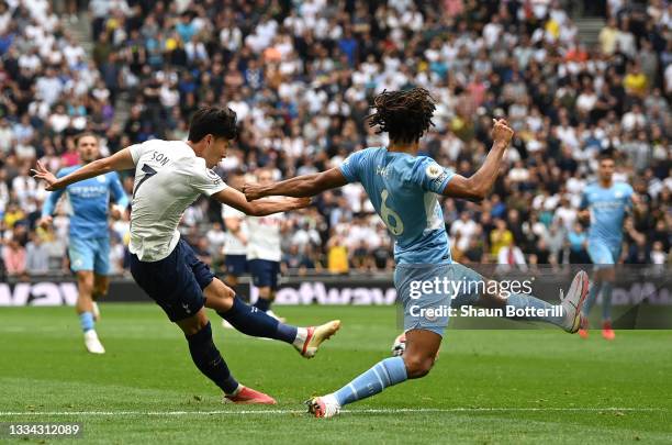 Heung-Min Son of Tottenham Hotspur scores their side's first goal during the Premier League match between Tottenham Hotspur and Manchester City at...