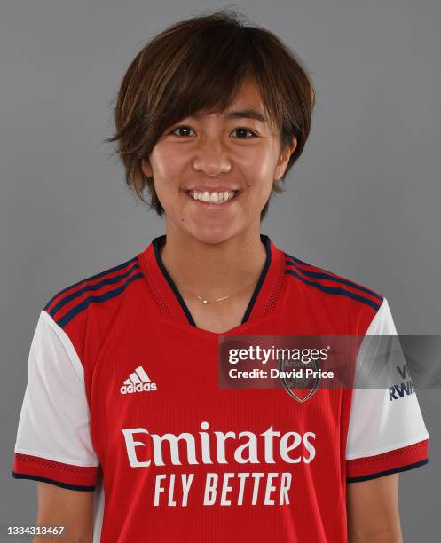 Mana Iwabuchi of Arsenal during the Arsenal Women's 1st team photocall at London Colney on August 13, 2021 in St Albans, England.