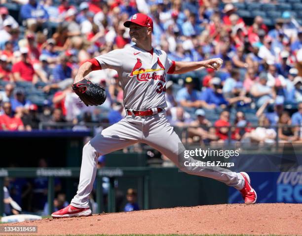 Happ of the St. Louis Cardinals throws in the first inning against the Kansas City Royals at Kauffman Stadium on August 15, 2021 in Kansas City,...