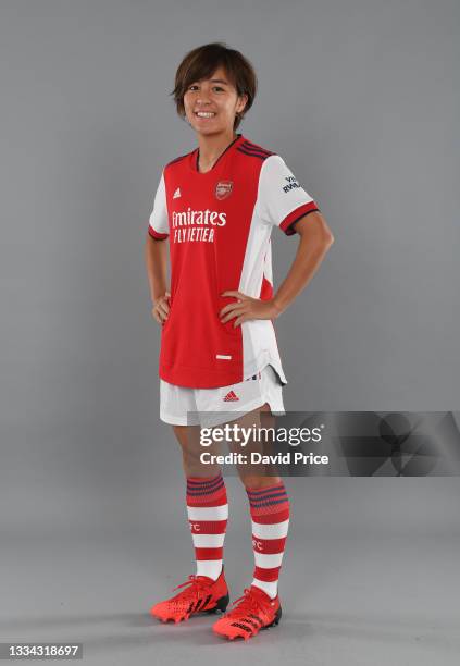 Mana Iwabuchi of Arsenal during the Arsenal Women's 1st team photocall at London Colney on August 13, 2021 in St Albans, England.