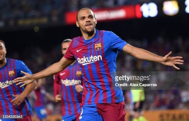 Martin Braithwaite of FC Barcelona celebrates after scoring their team's third goal during the LaLiga Santander match between FC Barcelona and Real...